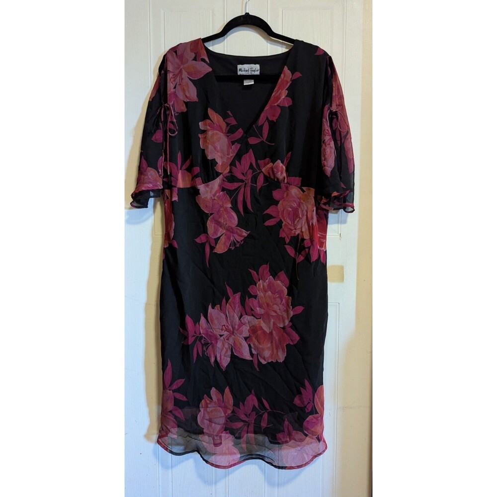 Vintage Michael Taylor Black Floral Chiffon Sheath Dress 20 Open Sleeve Y2K Goth